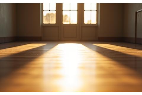 床に反射する柔らかな光と影のヨガスタジオ